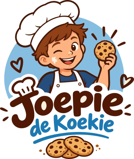 Logo van Joepie de Koekie: een lachende jongen met een koksmuts en een koekje